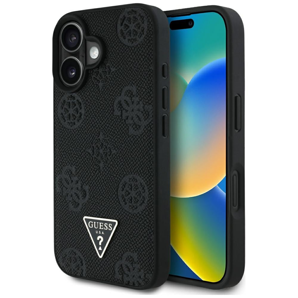 Ovitek MagSafe za Apple iPhone 16, Guess, Peony Grained Hot Stamp Triangle, Črna