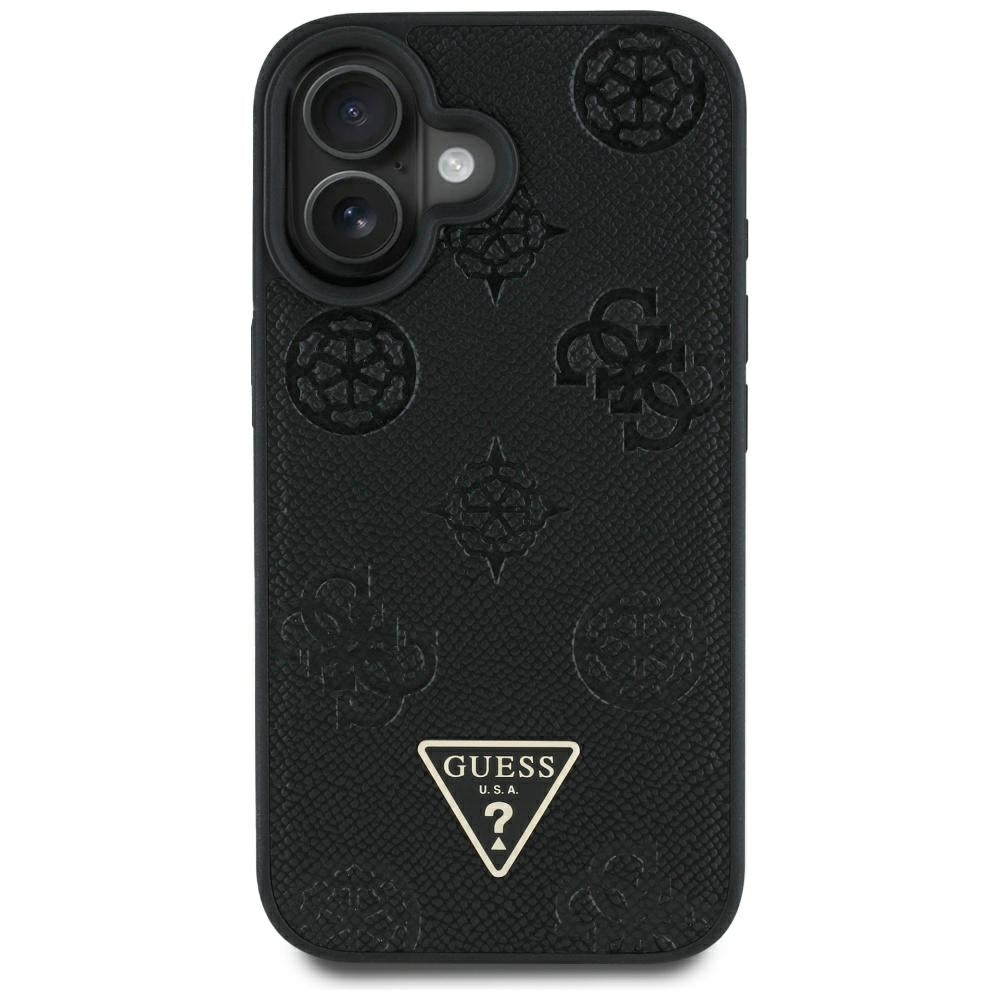 Ovitek MagSafe za Apple iPhone 16, Guess, Peony Grained Hot Stamp Triangle, Črna