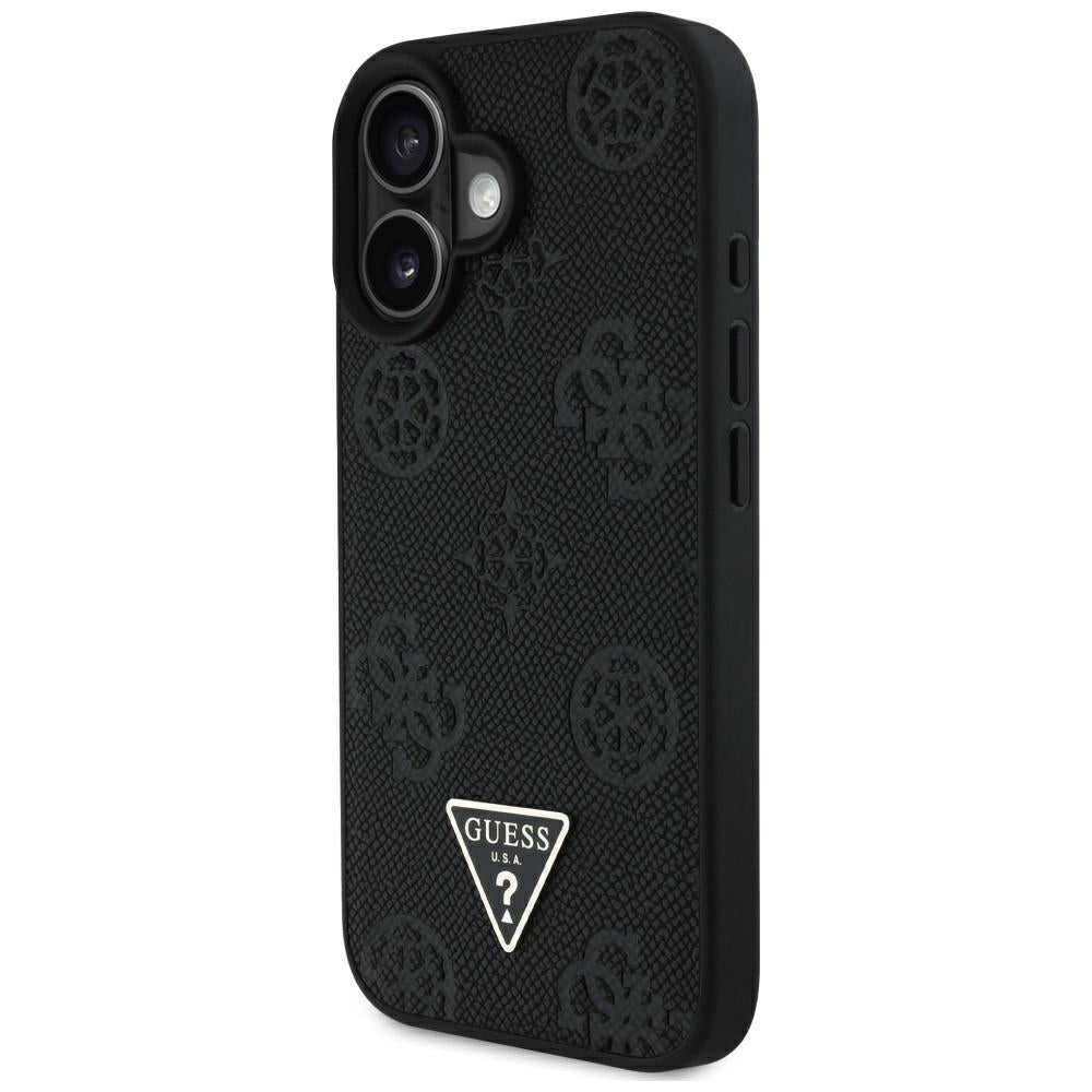 Ovitek MagSafe za Apple iPhone 16, Guess, Peony Grained Hot Stamp Triangle, Črna
