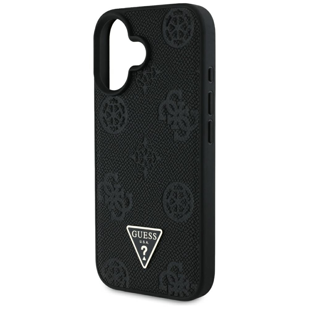 Ovitek MagSafe za Apple iPhone 16, Guess, Peony Grained Hot Stamp Triangle, Črna