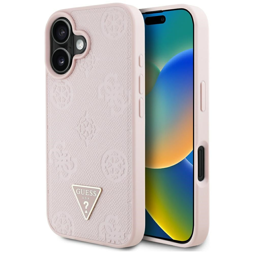 Ovitek MagSafe za Apple iPhone 16, Guess, Peony Grained Hot Stamp Triangle, Roza