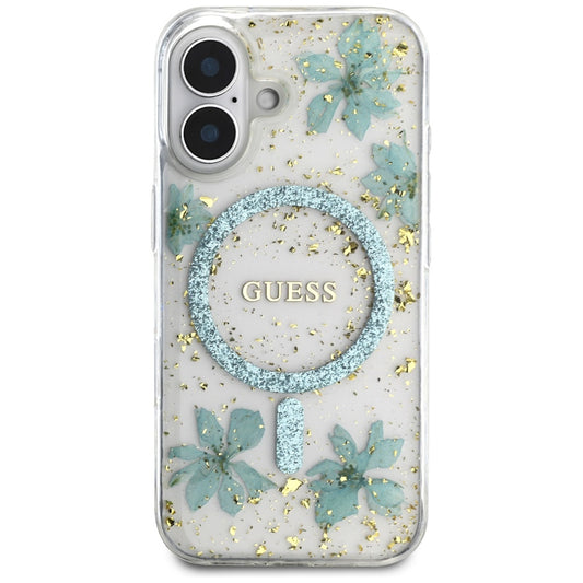 Ovitek MagSafe za Apple iPhone 16, Guess, Resin Flowers and Glitter, Turkizna