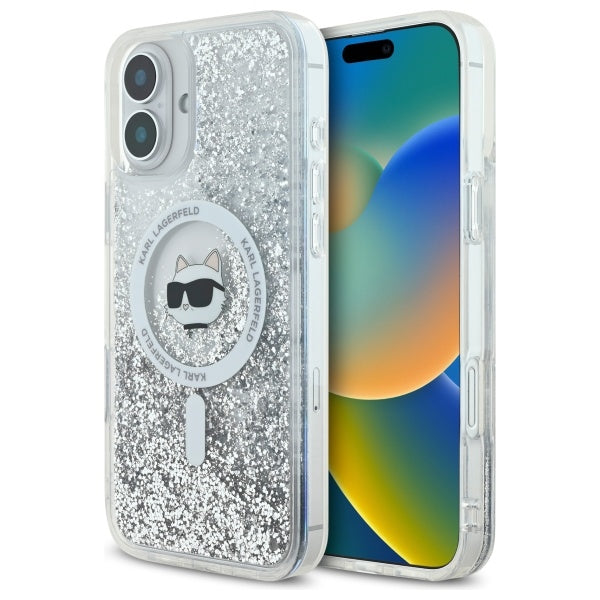 Ovitek MagSafe za Apple iPhone 16, Karl Lagerfeld, Glitter Liquid Choupette Head, Prozoren
