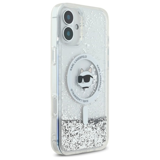 Ovitek MagSafe za Apple iPhone 16, Karl Lagerfeld, Glitter Liquid Choupette Head, Prozoren