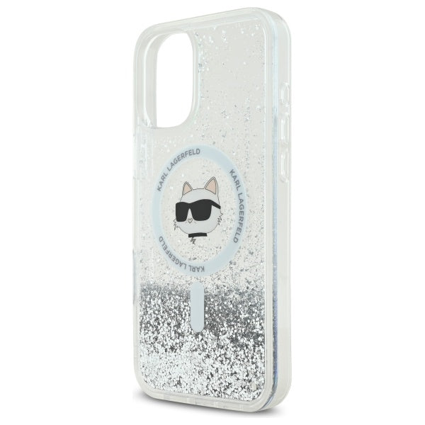 Ovitek MagSafe za Apple iPhone 16, Karl Lagerfeld, Glitter Liquid Choupette Head, Prozoren