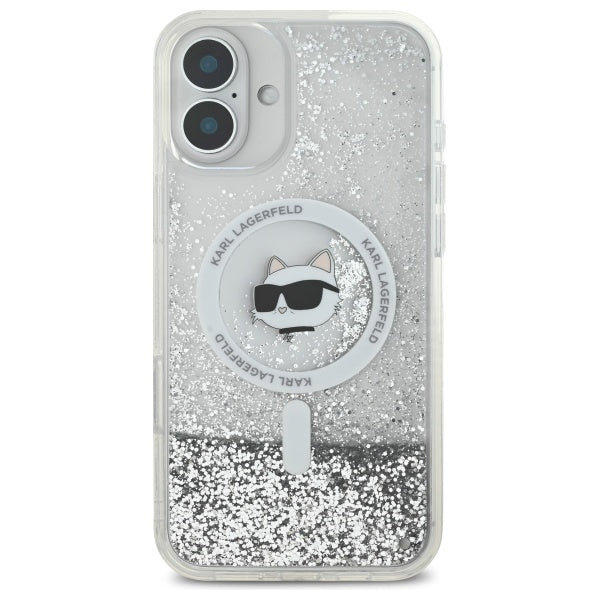 Ovitek MagSafe za Apple iPhone 16, Karl Lagerfeld, Glitter Liquid Choupette Head, Prozoren