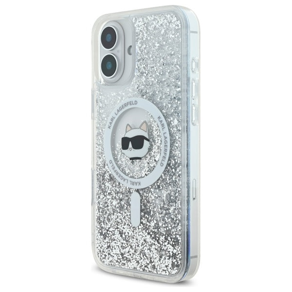 Ovitek MagSafe za Apple iPhone 16, Karl Lagerfeld, Glitter Liquid Choupette Head, Prozoren