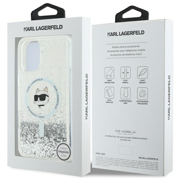 Ovitek MagSafe za Apple iPhone 16, Karl Lagerfeld, Glitter Liquid Choupette Head, Prozoren