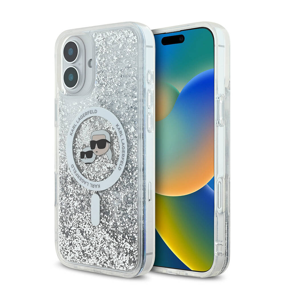 Ovitek MagSafe za Apple iPhone 16, Karl Lagerfeld, Glitter Liquid Karl & Choupette's Heads, Prozoren