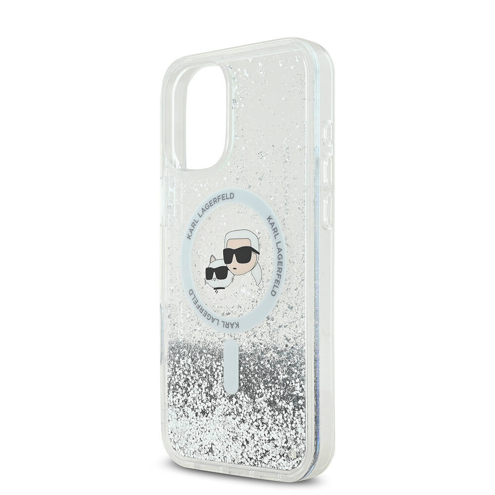 Ovitek MagSafe za Apple iPhone 16, Karl Lagerfeld, Glitter Liquid Karl & Choupette's Heads, Prozoren