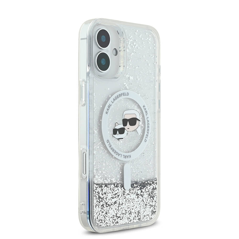 Ovitek MagSafe za Apple iPhone 16, Karl Lagerfeld, Glitter Liquid Karl & Choupette's Heads, Prozoren