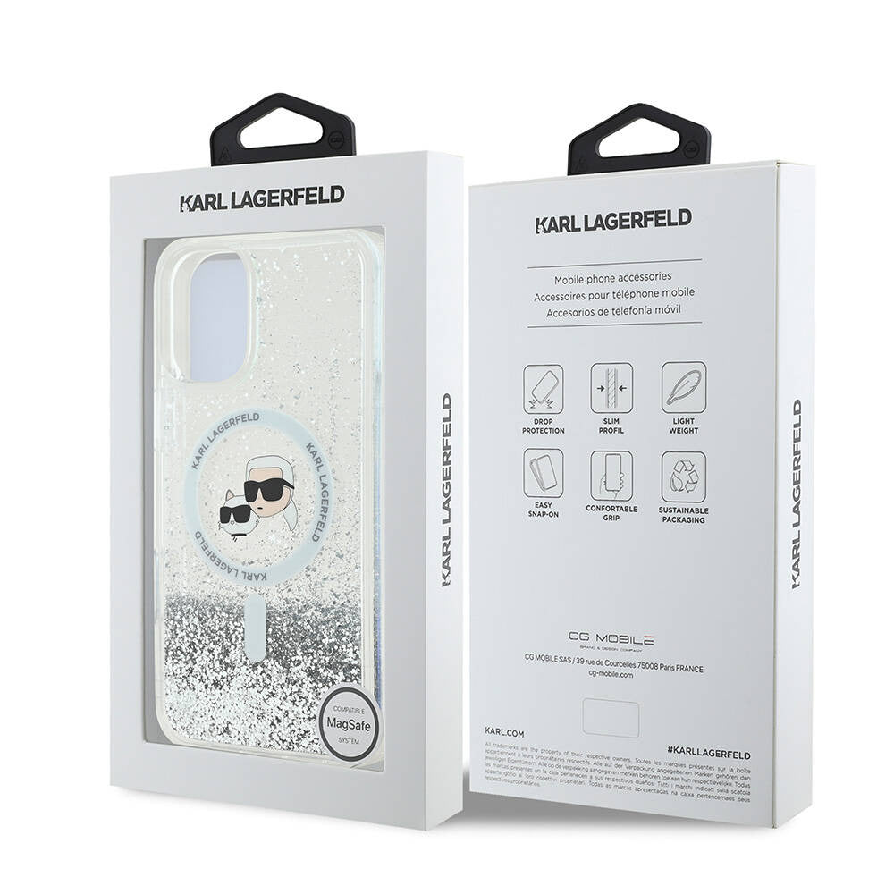 Ovitek MagSafe za Apple iPhone 16, Karl Lagerfeld, Glitter Liquid Karl & Choupette's Heads, Prozoren