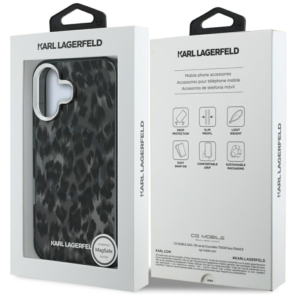 Ovitek MagSafe za Apple iPhone 16, Karl Lagerfeld, IML Leopard vzorec, Črn
