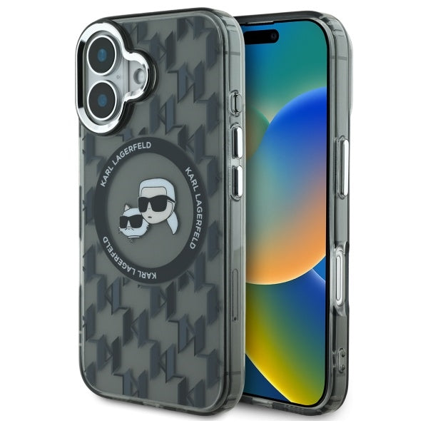 Ovitek MagSafe za Apple iPhone 16, Karl Lagerfeld, IML Monogram Karl & Choupette's Heads, Črn