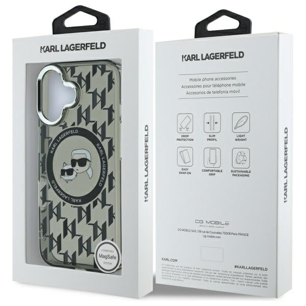 Ovitek MagSafe za Apple iPhone 16, Karl Lagerfeld, IML Monogram Karl & Choupette's Heads, Črn