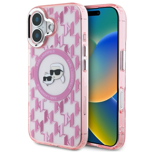 Ovitek MagSafe za Apple iPhone 16, Karl Lagerfeld, IML Monogram Karl & Choupette's Heads, Roza