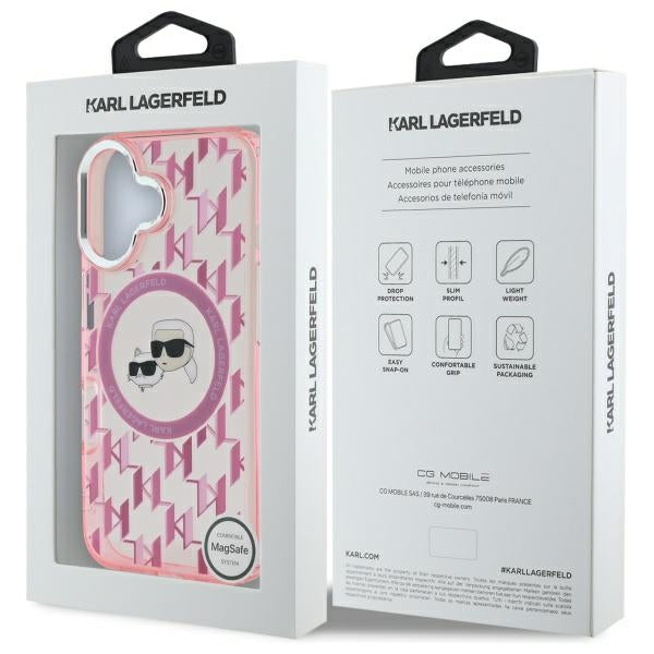 Ovitek MagSafe za Apple iPhone 16, Karl Lagerfeld, IML Monogram Karl & Choupette's Heads, Roza