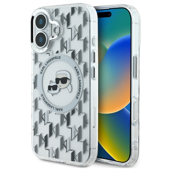Ovitek MagSafe za Apple iPhone 16, Karl Lagerfeld, IML Monogram Karl & Choupette's Heads, Prozoren