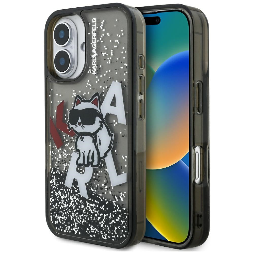 Ovitek MagSafe za Apple iPhone 16, Karl Lagerfeld, Liquid Glitter Choupette Logo, črn