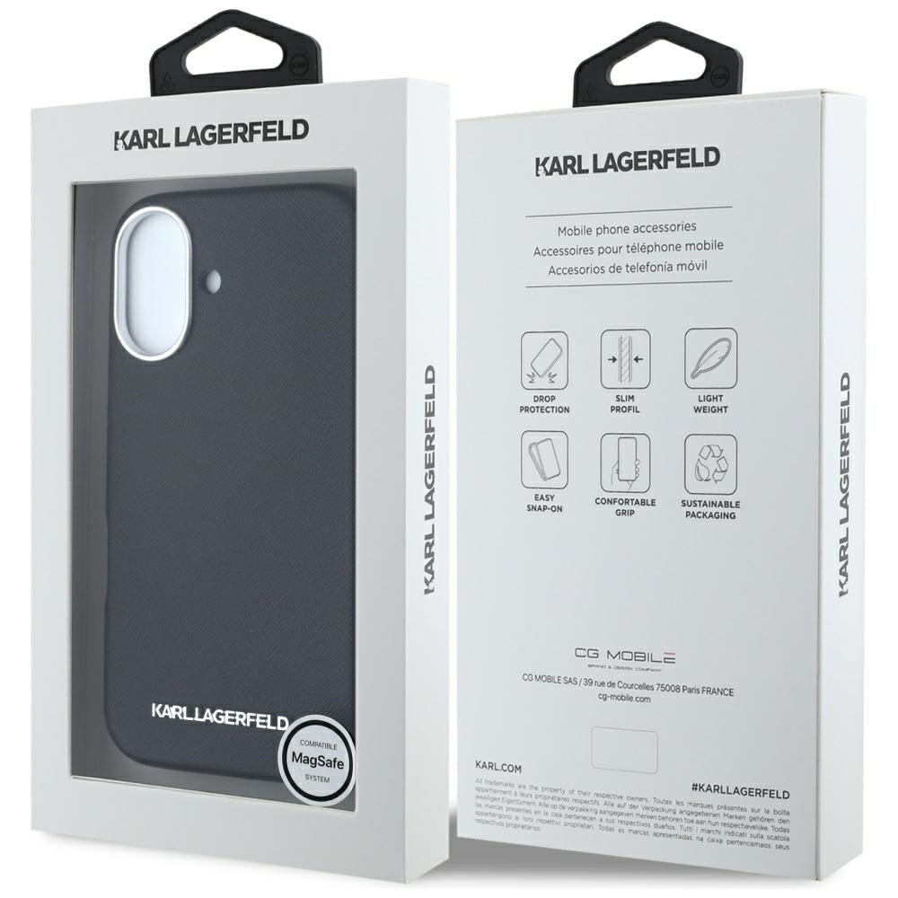 Ovitek MagSafe za Apple iPhone 16, Karl Lagerfeld, Saffiano Full Wrapped Elongated Metal Logo, črn