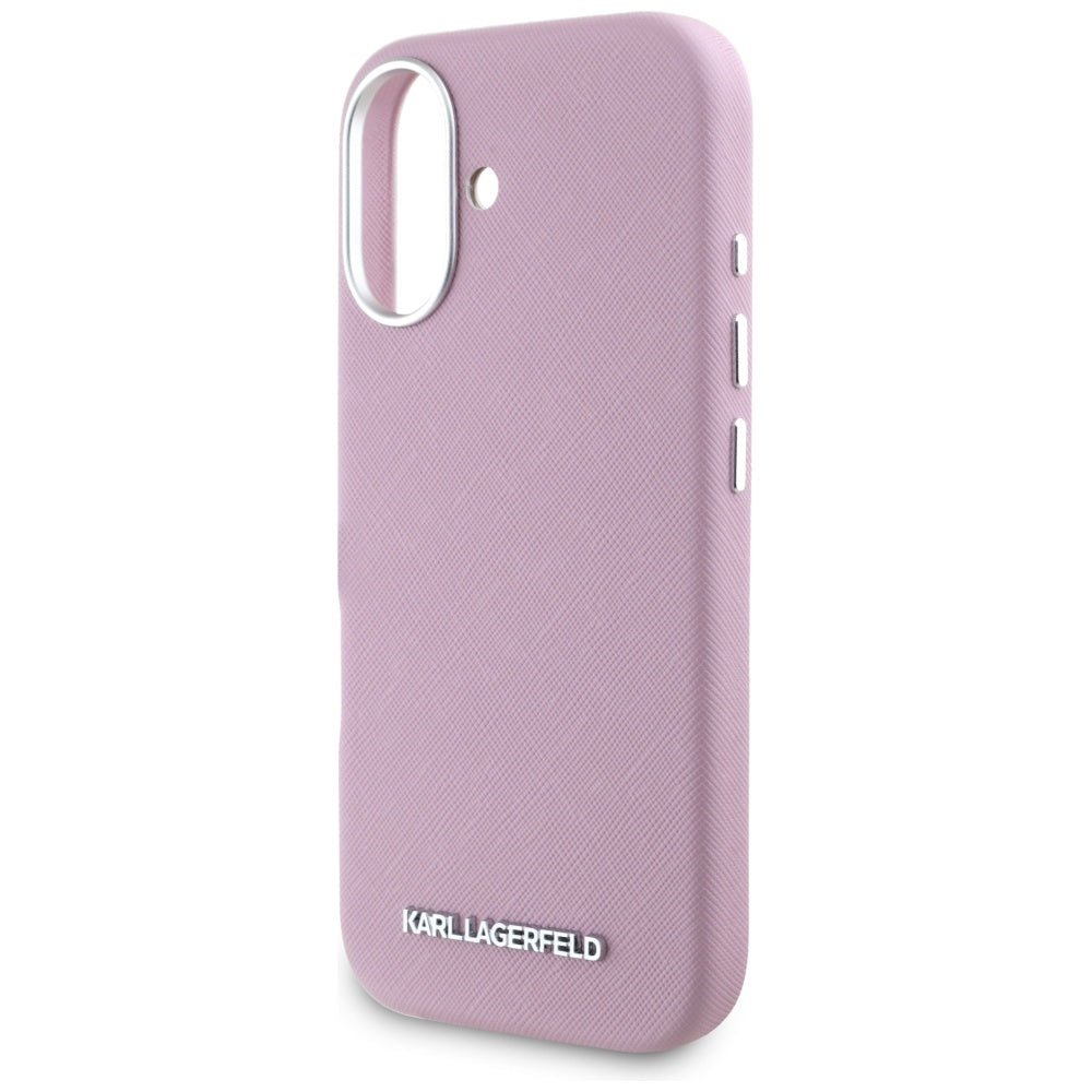 Ovitek MagSafe za Apple iPhone 16, Karl Lagerfeld, Saffiano Full Wrapped Elongated Metal Logo, Roza