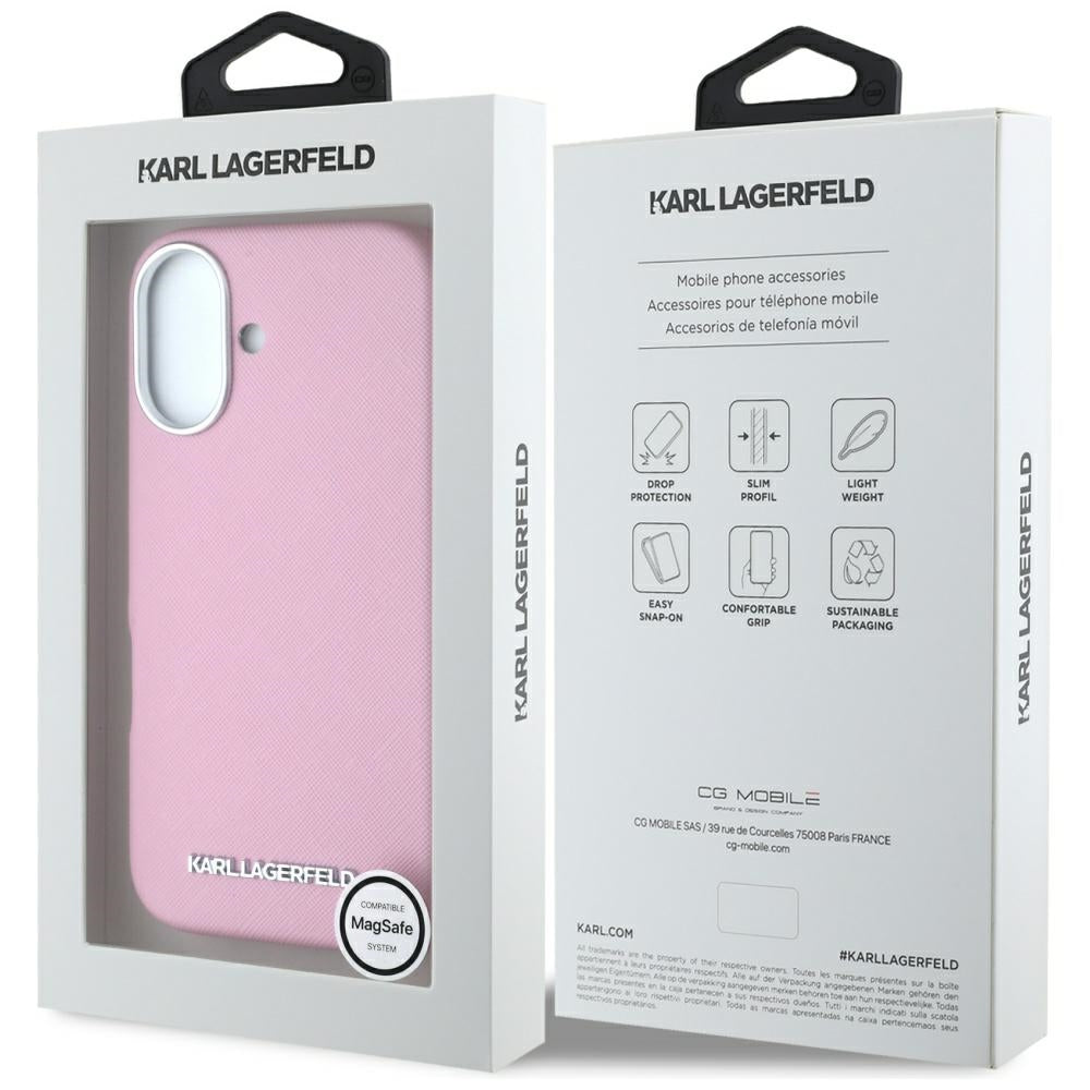 Ovitek MagSafe za Apple iPhone 16, Karl Lagerfeld, Saffiano Full Wrapped Elongated Metal Logo, Roza