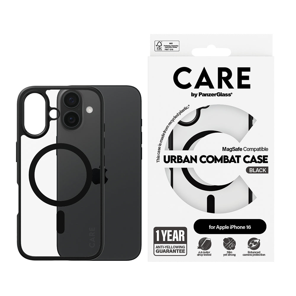 Ovitek MagSafe za Apple iPhone 16, PanzerGlass, Care Urban Combat, Prozorno Črn