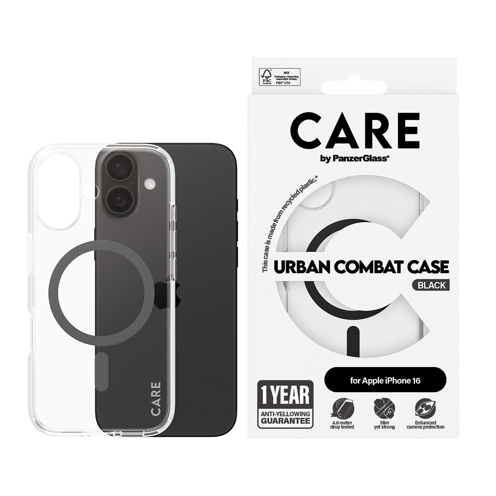 Ovitek MagSafe za Apple iPhone 16, PanzerGlass, Care Urban Combat, Prosojno Črn
