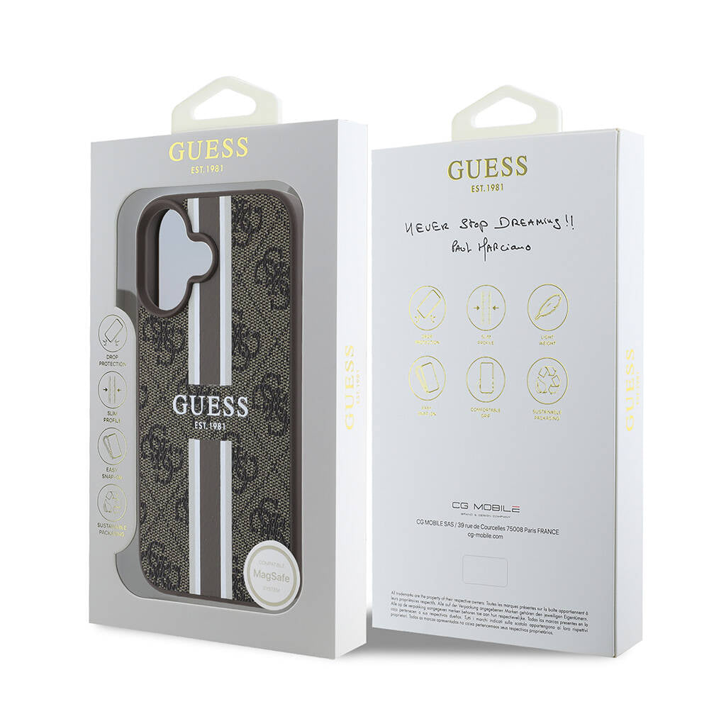 MagSafe ovitek za Apple iPhone 16 Plus, Guess, 4G Printed Stripes, rjava
