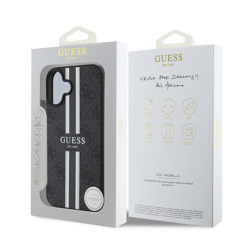 MagSafe ovitek za Apple iPhone 16 Plus, Guess, 4G Printed Stripes, črn