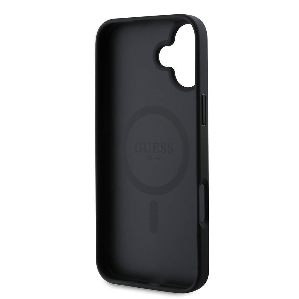 Ovitek MagSafe za Apple iPhone 16 Plus, Guess, Grained Gold Ring, Črn