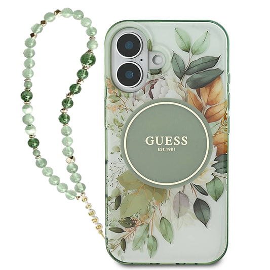 Ovitek MagSafe za Apple iPhone 16 Plus, Guess, IML Flowers with Pearl Strap, Zelen