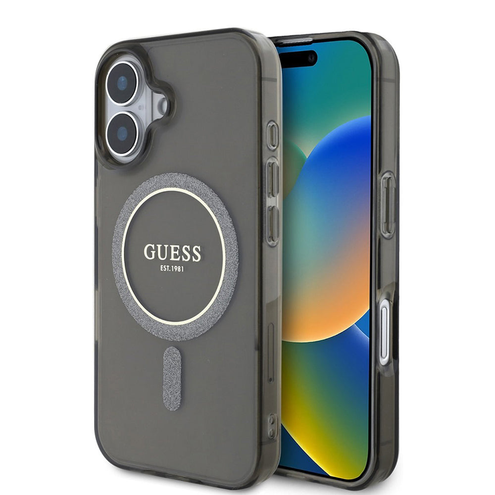 Ovitek MagSafe za Apple iPhone 16 Plus, Guess, IML Glitter Circle, Črna