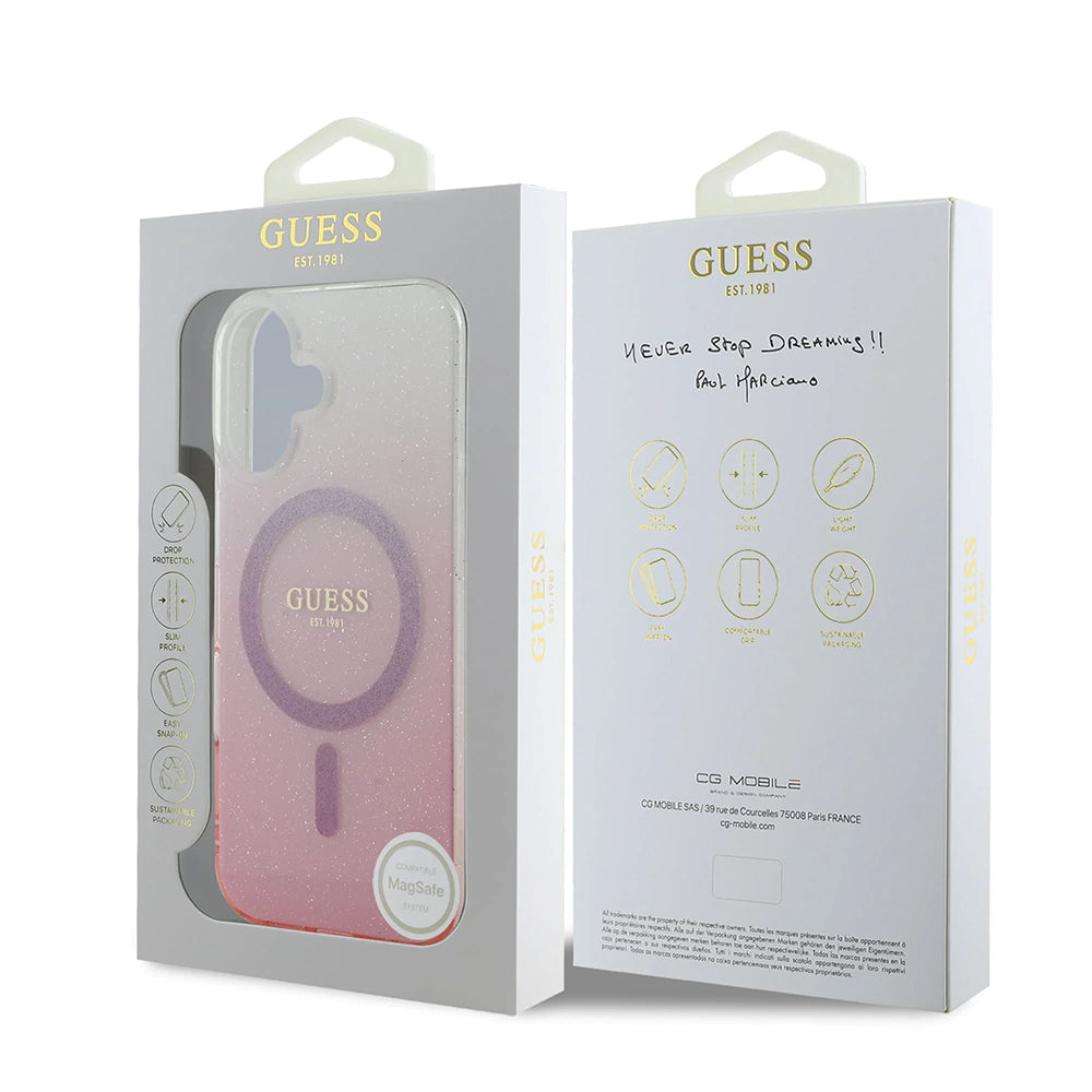 Ovitek MagSafe za Apple iPhone 16 Plus, Guess, IML Glitter Gradient, Roza