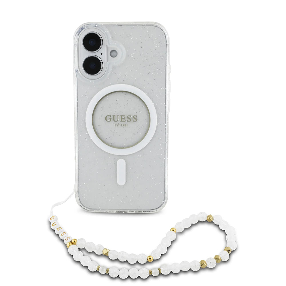 Ovitek MagSafe za Apple iPhone 16 Plus, Guess, IML Glitter with Pearl Strap, Prozoren