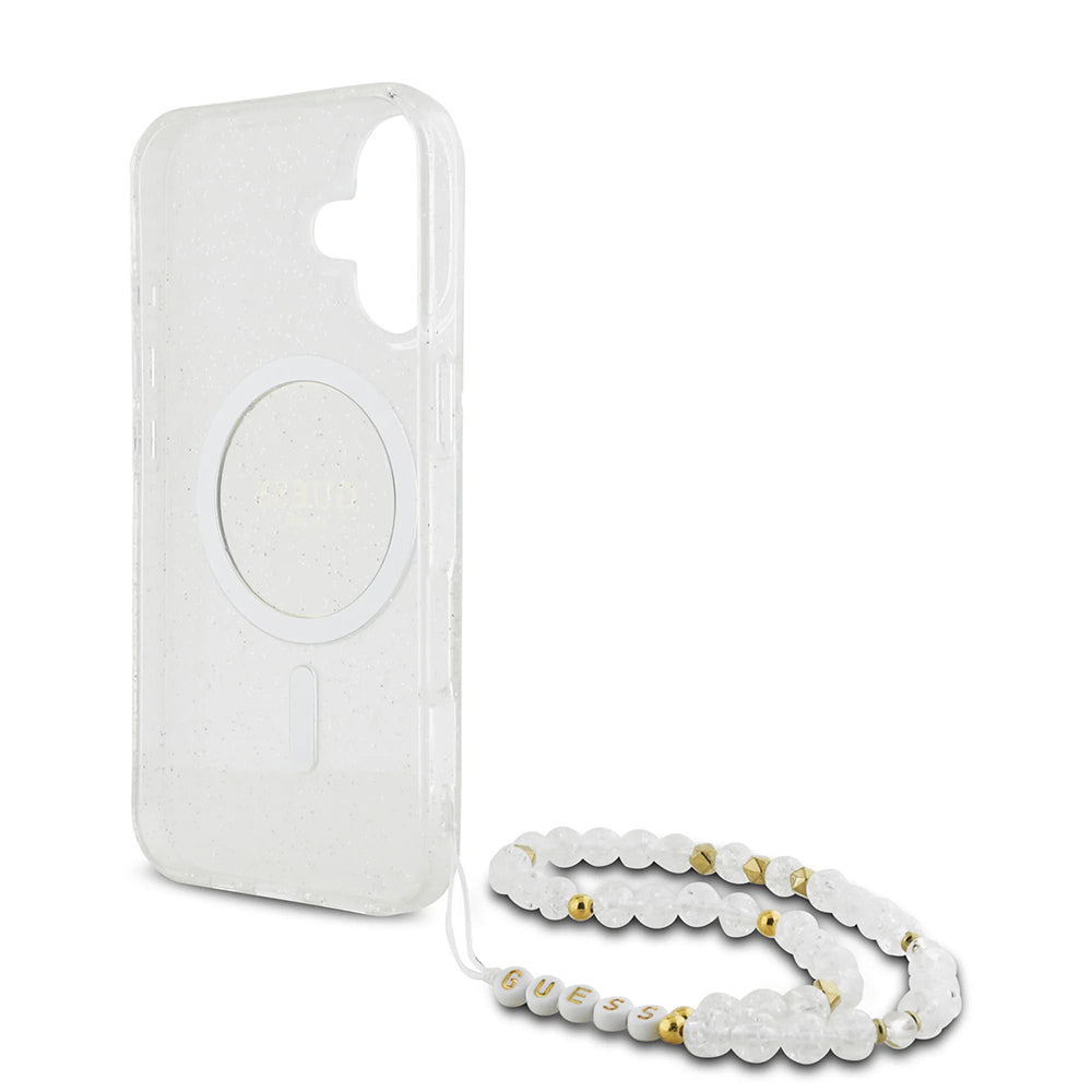 Ovitek MagSafe za Apple iPhone 16 Plus, Guess, IML Glitter with Pearl Strap, Prozoren
