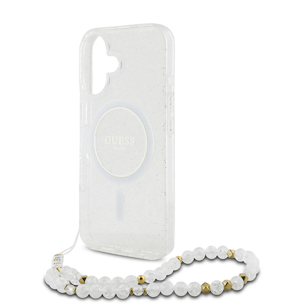 Ovitek MagSafe za Apple iPhone 16 Plus, Guess, IML Glitter with Pearl Strap, Prozoren