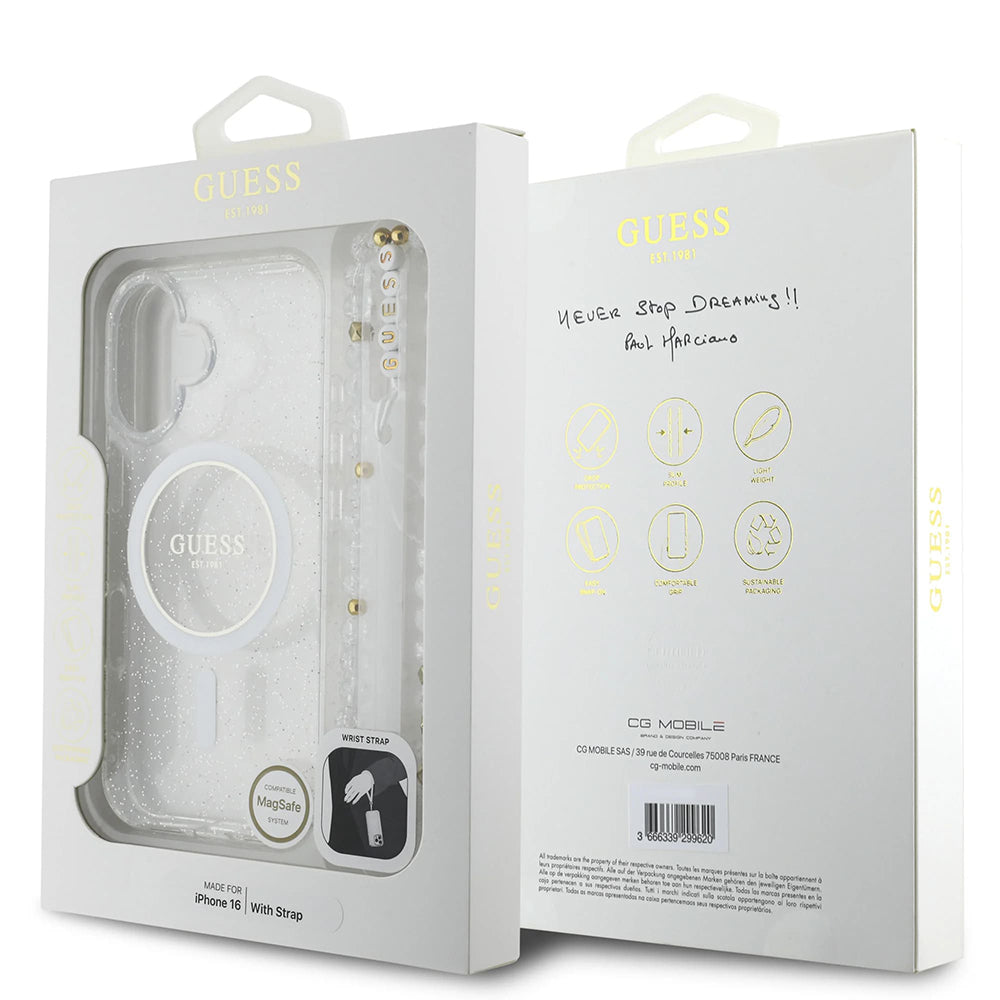 Ovitek MagSafe za Apple iPhone 16 Plus, Guess, IML Glitter with Pearl Strap, Prozoren