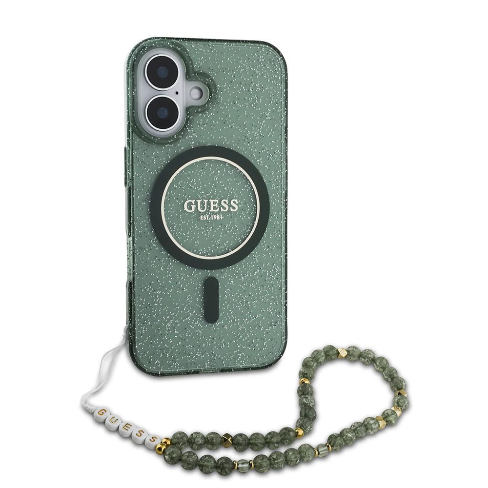 Ovitek MagSafe za Apple iPhone 16 Plus, Guess, IML Glitter with Pearl Strap, Zelen