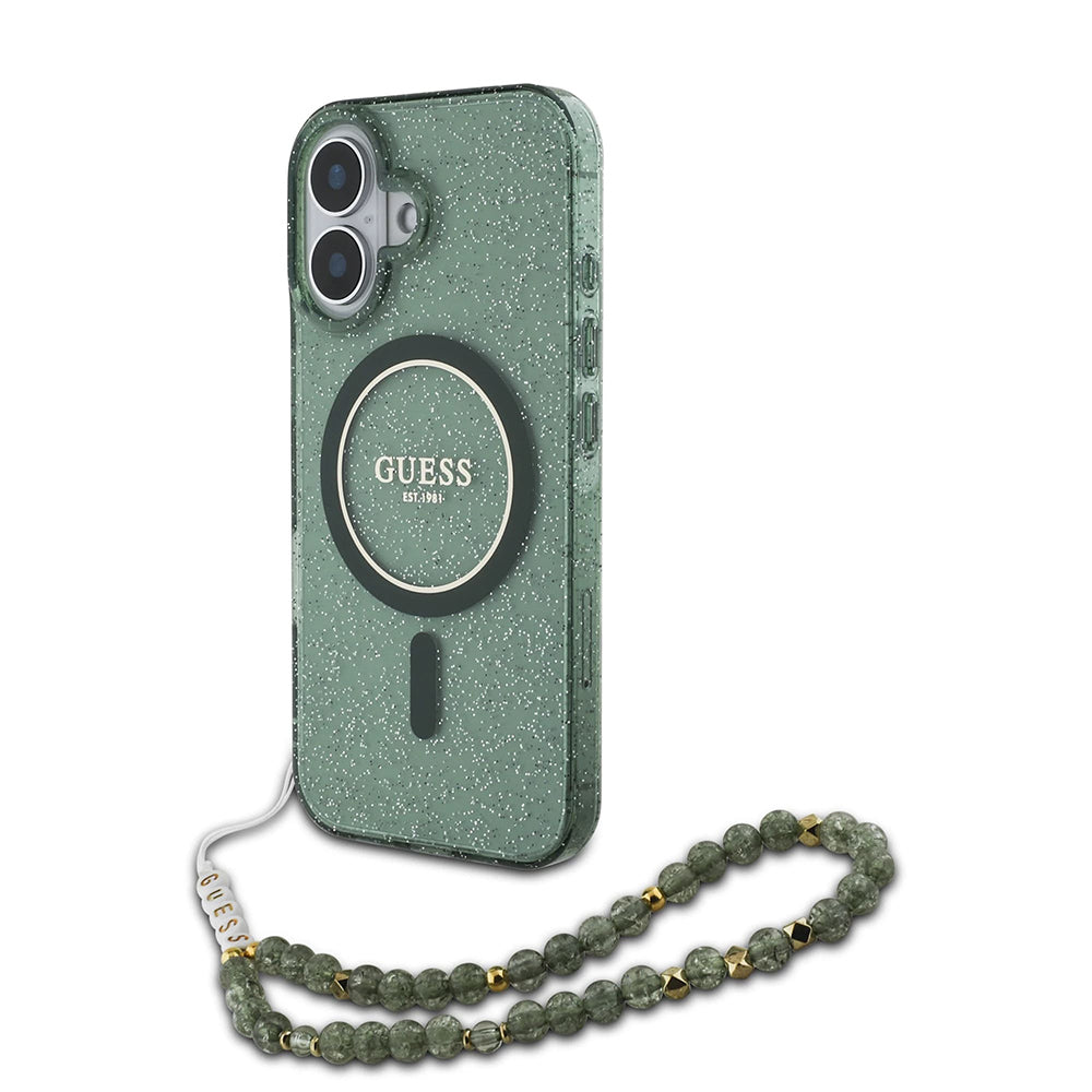 Ovitek MagSafe za Apple iPhone 16 Plus, Guess, IML Glitter with Pearl Strap, Zelen