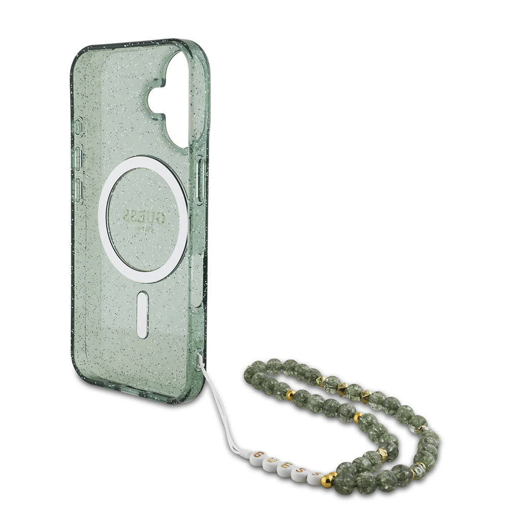 Ovitek MagSafe za Apple iPhone 16 Plus, Guess, IML Glitter with Pearl Strap, Zelen