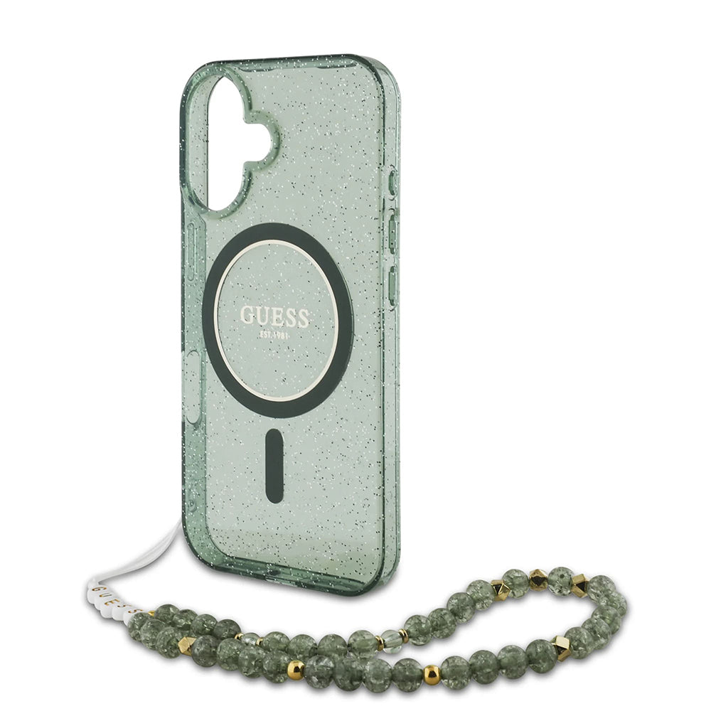 Ovitek MagSafe za Apple iPhone 16 Plus, Guess, IML Glitter with Pearl Strap, Zelen