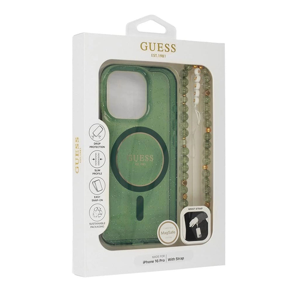 Ovitek MagSafe za Apple iPhone 16 Plus, Guess, IML Glitter with Pearl Strap, Zelen