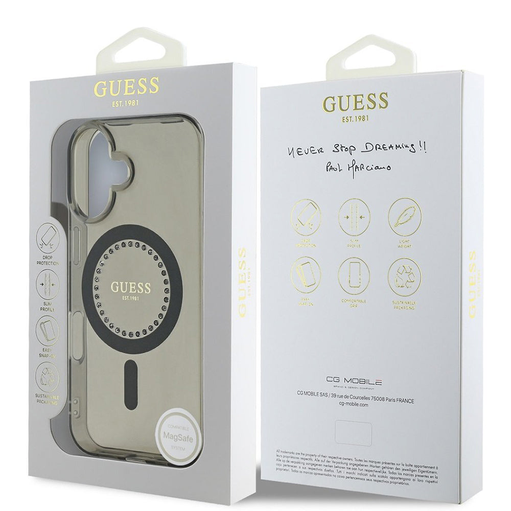 Ovitek MagSafe za Apple iPhone 16 Plus, Guess, IML Rhinestone, Črn