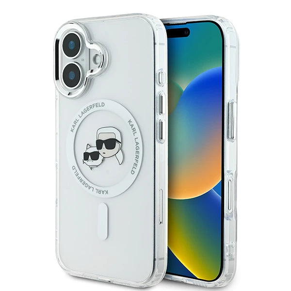 MagSafe Case for Apple iPhone 16 Plus, Karl Lagerfeld, IML Metal Karl & Choupette's Heads, White
