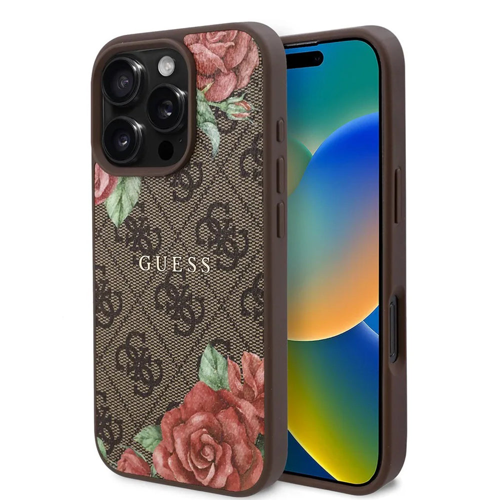 MagSafe ovitek za Apple iPhone 16 Pro, Guess, 4G Flowers Print, rjava