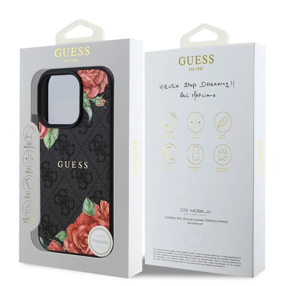 MagSafe ovitek za Apple iPhone 16 Pro, Guess, 4G Flowers Print, črn