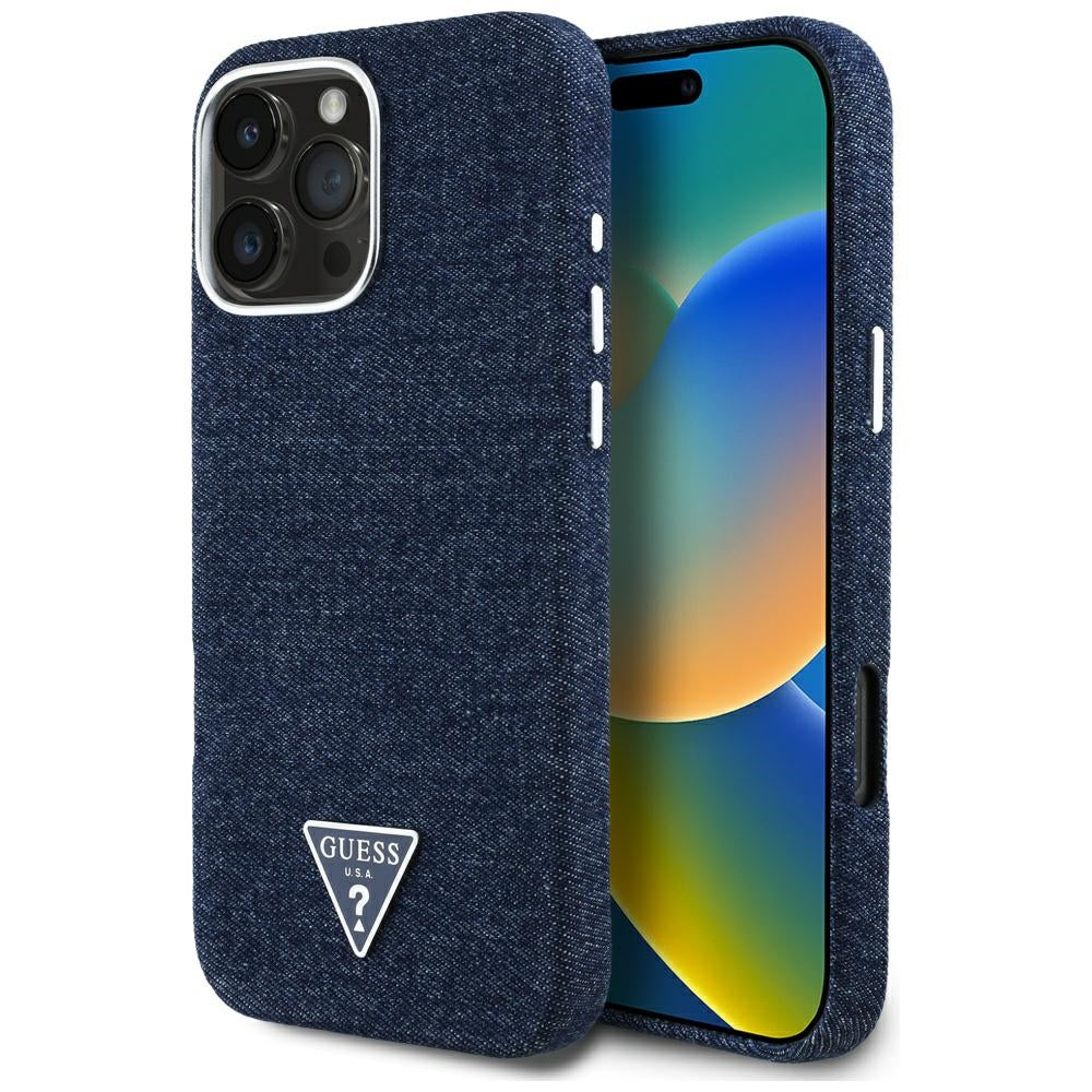 Ovitek MagSafe za Apple iPhone 16 Pro, Guess, Denim Triangle Logo, Modra