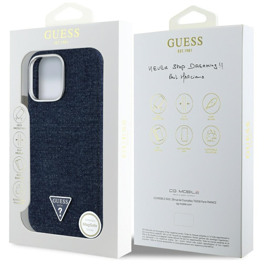 Ovitek MagSafe za Apple iPhone 16 Pro, Guess, Denim Triangle Logo, Modra