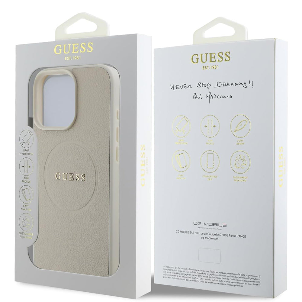Ovitek MagSafe za Apple iPhone 16 Pro, Guess, Grained Gold Ring, Bež